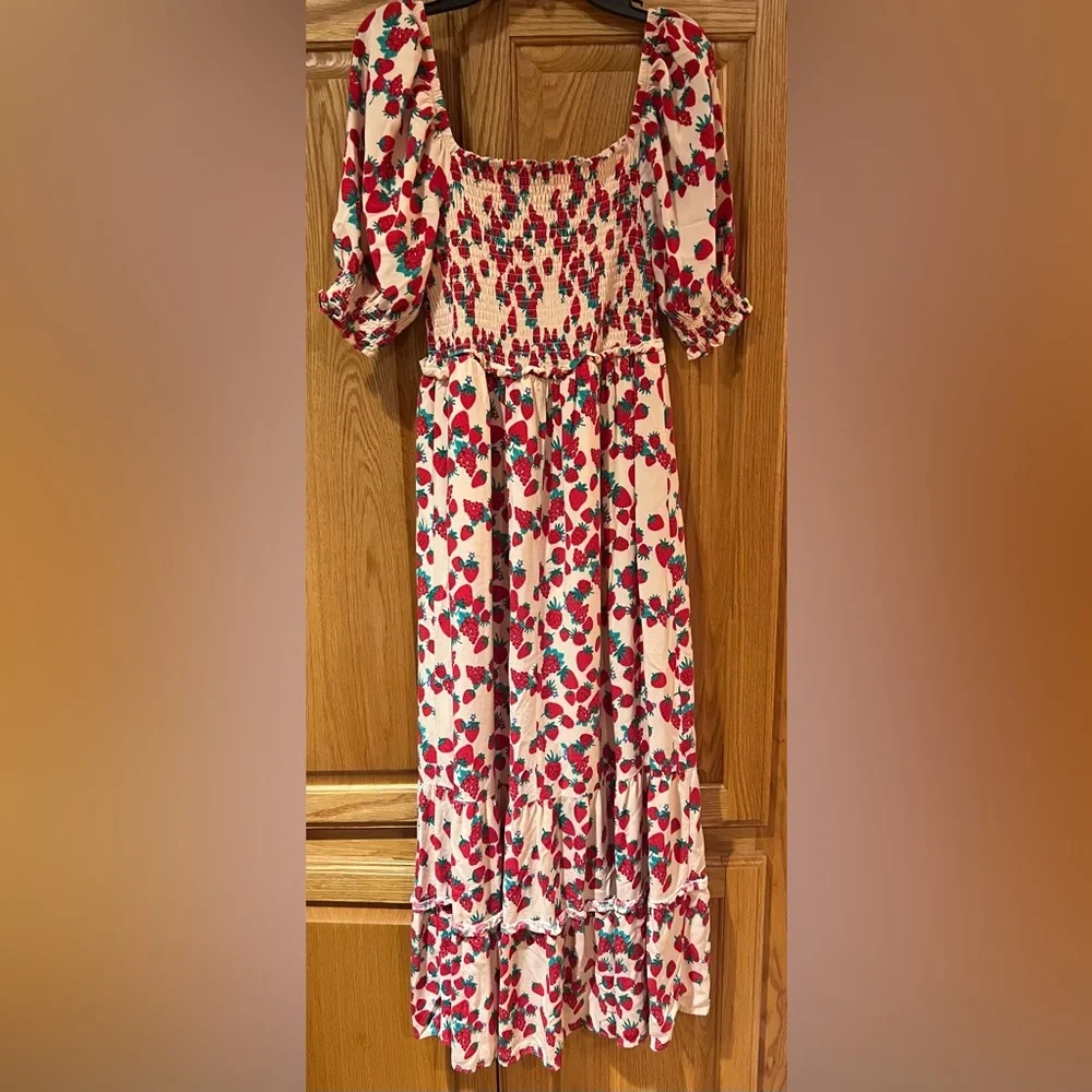 Betsey Johnson Strawberry Fields Smocked Challis Puff Sleeve Milkmaid Maxi Dress